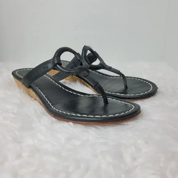 Bernardo Matrix Womens Size 8.5 Mini Wedge Black Leather Thong Sandals - Picture 1 of 9